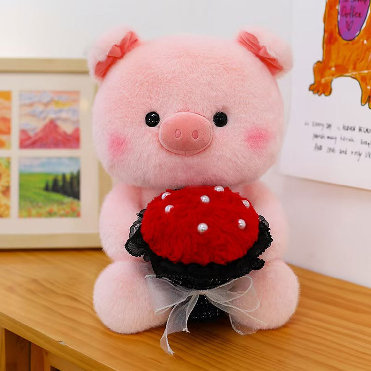 Pink Pig Holding Flowers Plush Toy